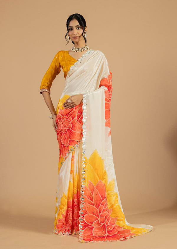 Coral Blossom Satin Saree