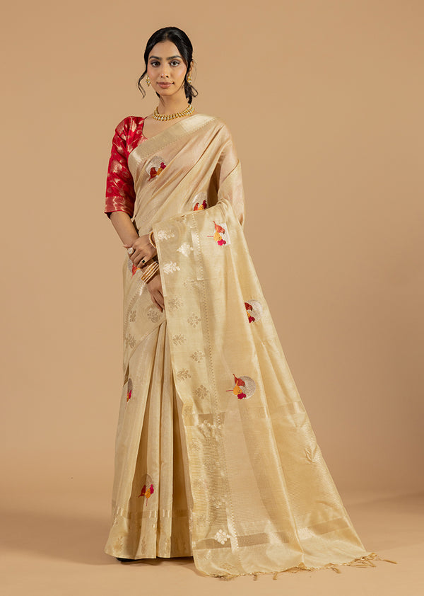 Ivory Banarasi Cotton Resham Saree