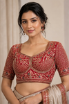  Crimson Red & Gold Lattice EmbroideryBlouse
