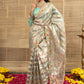 Champagne Golden Striped And Floral Embroidery Tissue Saree