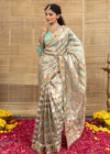 Champagne Golden Striped And Floral Embroidery Tissue Saree