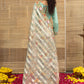 Champagne Golden Striped And Floral Embroidery Tissue Saree
