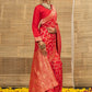 Red Geometric Weave Zari Pattern Dola Silk Ready to Wear Saree