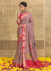 Red Checked Leheriya Print With Temple Motifs Dola Silk Saree