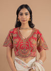 Red Silk Floral Embroidered Pearl-Fringe Blouse