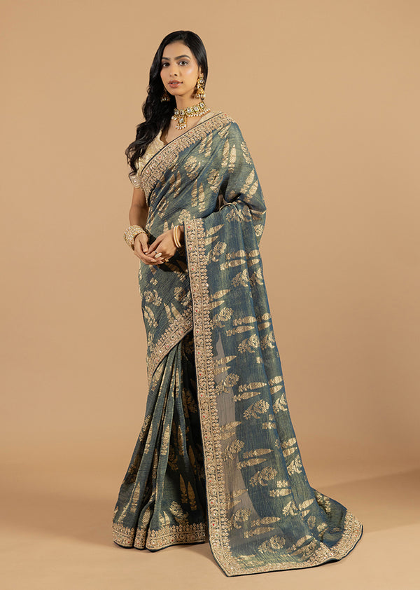 Antique Teal Tissue Crush Saree