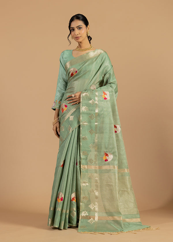 Sage Green Birdsong Cotton Saree