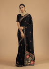 Black Handwoven Russian Silk Saree.